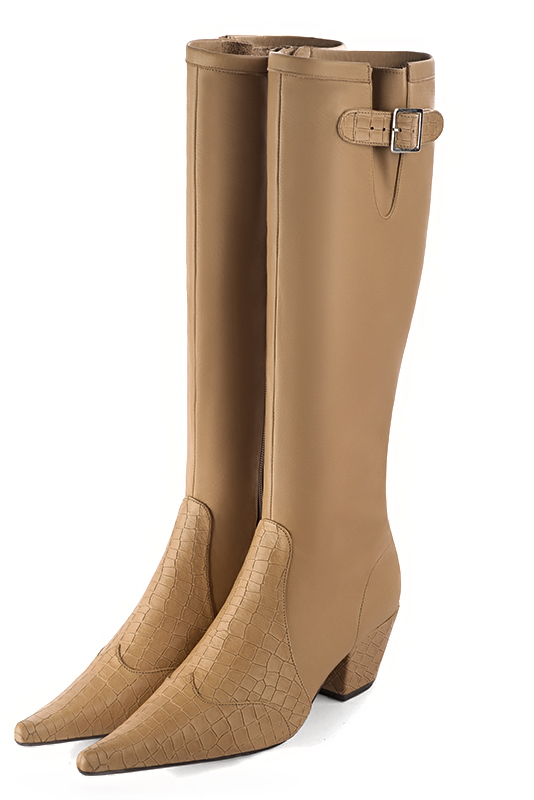 Camel beige women's knee-high boots with buckles. Pointed toe. Medium cone heels. Made to measure. Front view - Florence KOOIJMAN